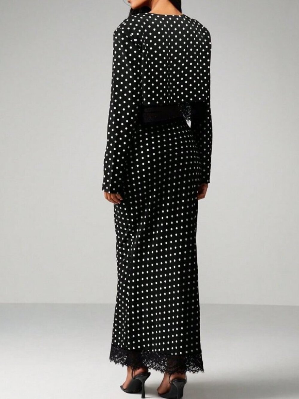 Elegant Black Women's Polka Dot Two Piece Set with Maxi Skirt - Picture 2 of 6